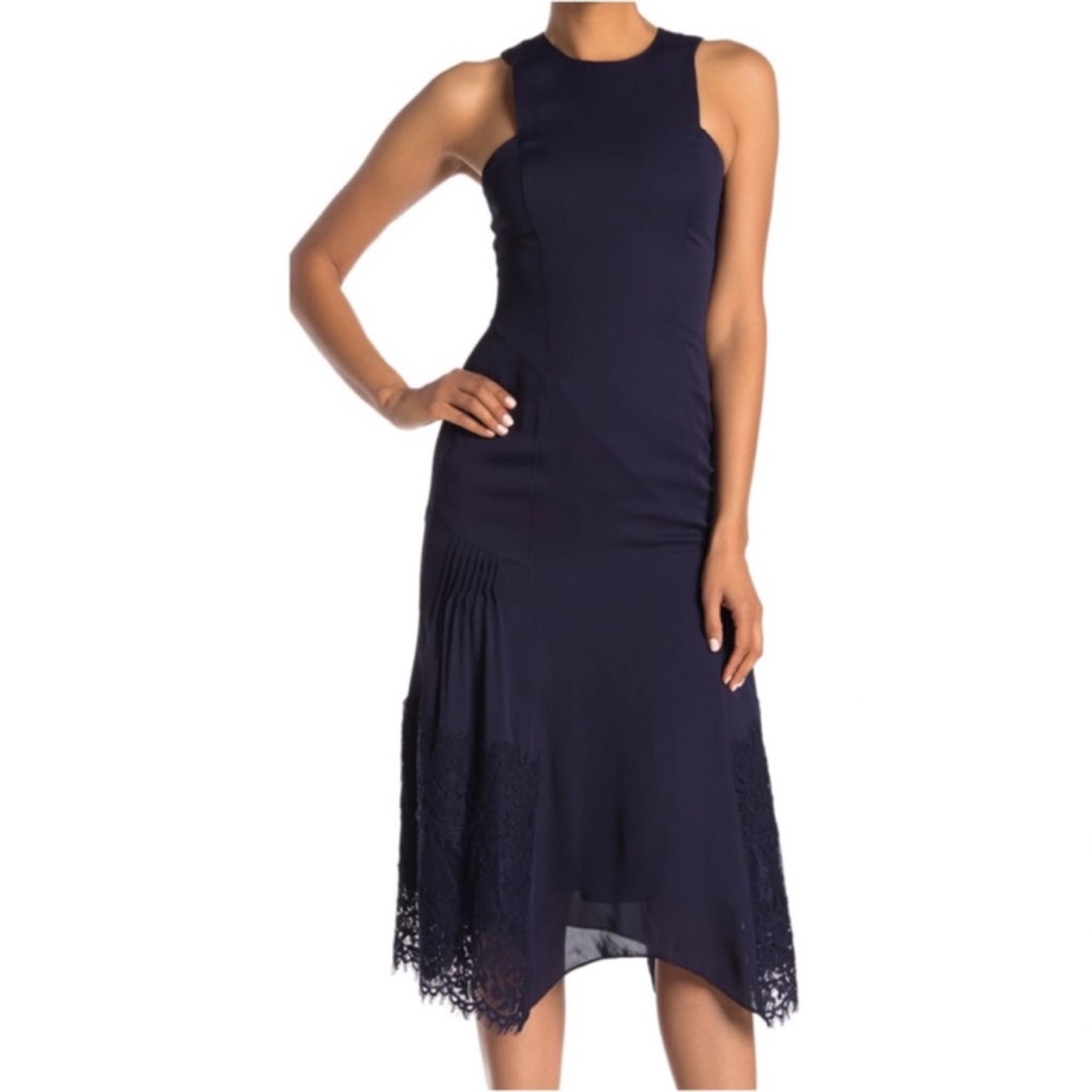 REISS Romie Lace Asymmetrical Crew Neck Sleeveless Midi Dress, Navy, Size 0